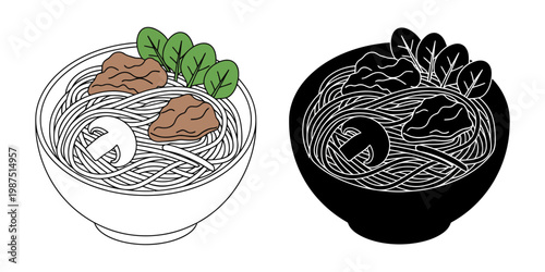 Isometric noodle bowl vector illustration with meat mushroom and spinach leaves in line art and colored silhouette styles for food delivery apps restaurant menu design isolated on white background.