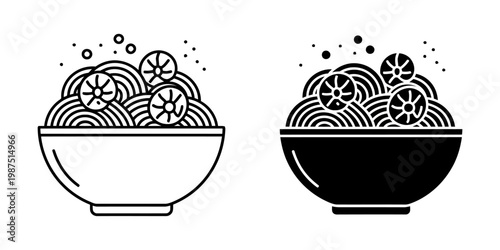 Two stylized vector graphics of a noodle bowl presented with circular toppings and small bubbles, shown in both clean outline and solid black versions for creative projects.