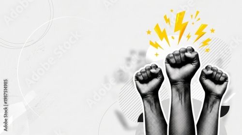 Trendy Halftone Collage Raised Fist up. Demonstration of protest. Fight for your rights. Girl power. Success and strength. Feminism concept. Minimal Gray Background with Wide Copy Space