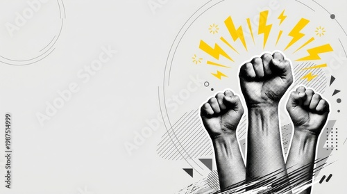 Trendy Halftone Collage Raised Fist up. Demonstration of protest. Fight for your rights. Girl power. Success and strength. Feminism concept. Minimal Gray Background with Wide Copy Space