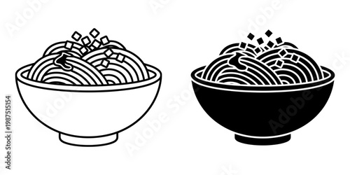 Bowl of spaghetti with cubes, outline and silhouette versions, showcasing italian pasta dish in simple icon style, great for food blogs and digital platforms illustrating quick meals.