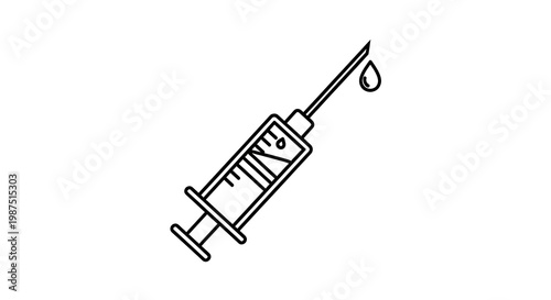 A medical syringe with a single drop of liquid coming out of the needle tip.