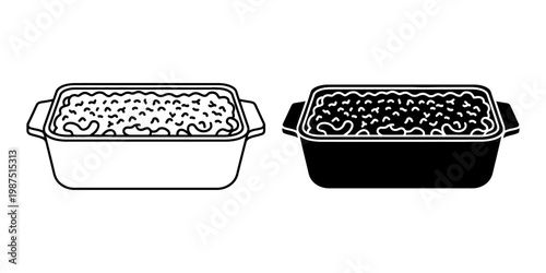 Macaroni and cheese in casserole dish icon vector set. Line and silhouette style illustration of classic pasta bake meal. Comfort food dinner graphics for kitchen design menu and healthy eating blog.