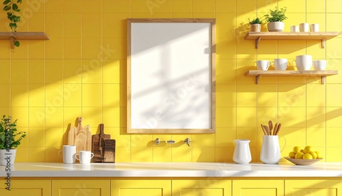 Kitchen yellow tiles wooden board plants sunlight
