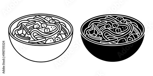 Ramen noodle bowl with tofu and vegetables icon set. Linear and silhouette vector illustration of asian soup with noodles. Decorative food graphics for oriental restaurant menu and kitchen design.