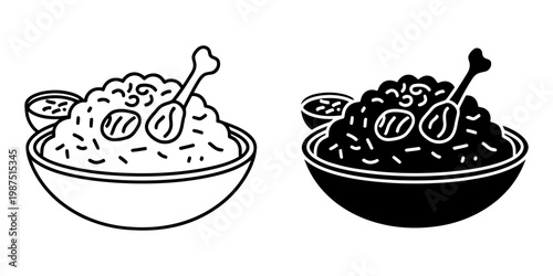 Rice bowl with chicken drumstick and sauce side icon set. Line and silhouette vector illustration of traditional asian meal. Decorative food graphics for ethnic restaurant menu and kitchen design.