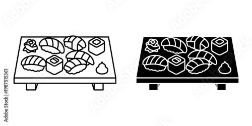 Sushi platter on wooden board icon vector set. Line and silhouette illustration of japanese seafood assortment. Decorative food graphics for sushi bar menu and oriental cuisine restaurant design.