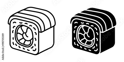 Salmon sushi roll icon vector set. Line and silhouette illustration of single maki roll with fish and rice. Decorative food graphics for japanese restaurant menu and asian cuisine kitchen design.