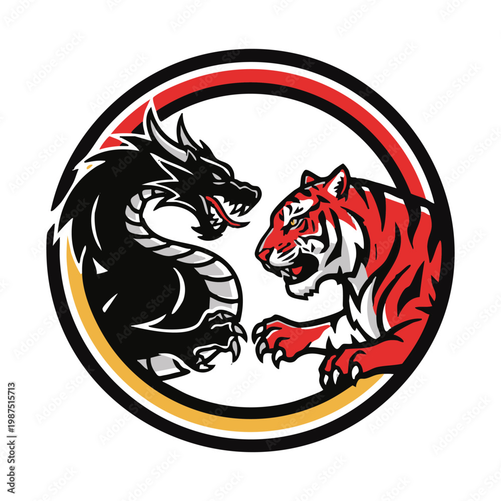 Fototapeta premium Dragon vs Tiger Battle Emblem Vector Logo