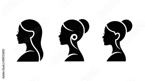 Elegant black female profile silhouettes with distinct hairstyles, minimalist vector icons, facing left.