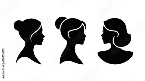 Elegant black female profile silhouettes with distinct hairstyles, graceful necklines, and subtle hair details.
