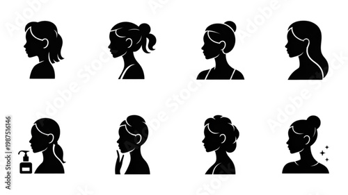 Black silhouette icons of women's profiles showcasing diverse hairstyles and beauty routines, minimalist vector art.
