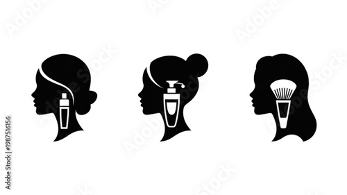 Stylized black female profile silhouettes with integrated white cosmetic product icons: perfume, lotion, and makeup brush.