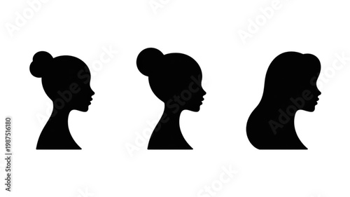 Three elegant black female profile silhouettes showcasing diverse hairstyles, including buns and long flowing hair.