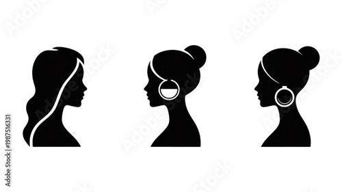 Three elegant black female profile silhouettes, one with wavy hair, two with buns and distinct hoop earrings.
