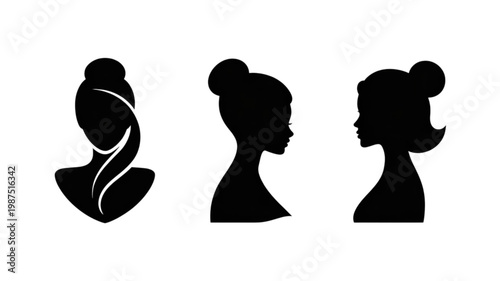 Elegant black female head silhouettes with buns and bob hairstyles, featuring a stylized back view.