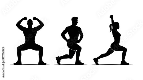Three black fitness silhouettes: man squatting with biceps flexed, man lunging, and woman lunging with arm raised.