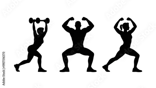 Strong black silhouettes of fitness enthusiasts performing various exercises, including dumbbell lifts and flexing poses.