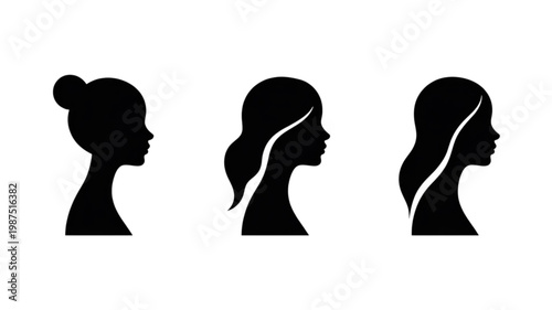 Three minimalist black female head silhouettes in profile, showcasing diverse hairstyles: bun, wavy, and long straight hair.