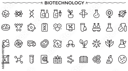 Biotechnology Icons Set for Science Research Genetics and Laboratory Innovation