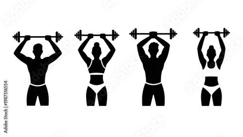 Black silhouette icons of men and women lifting barbells overhead, showcasing fitness and strength training exercises.