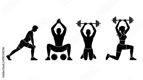 Dynamic black silhouettes of people performing diverse fitness exercises, including stretching, squats, and barbell lifts.