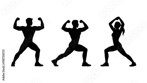 Dynamic black silhouettes of two muscular men flexing biceps and one fit woman stretching.