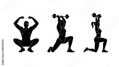 Black silhouette icons of people exercising: man squatting, woman lunging with barbell, woman lunging with dumbbells.