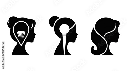 Three black female head silhouettes with diverse hairstyles, two featuring white beauty tool icons.