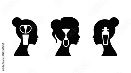 Three black female profiles with white cocktail glass, martini, and shaker icons, minimalist graphic.