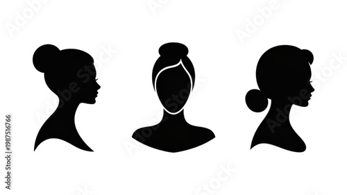 Three elegant black female silhouettes with classic updos, featuring distinct profile and frontal views, showcasing refined hairstyles.