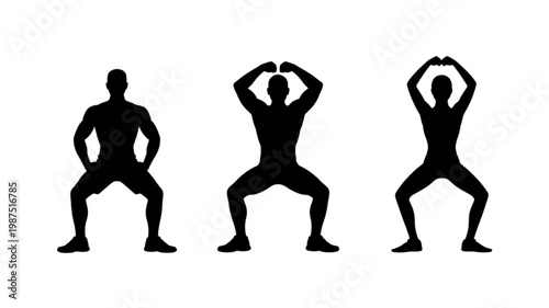 Three black human silhouettes performing deep squats, showcasing diverse fitness workout poses and muscular forms.