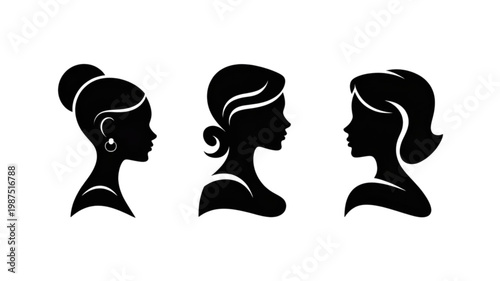 Three elegant black female silhouettes in profile with diverse hairstyles and an earring.