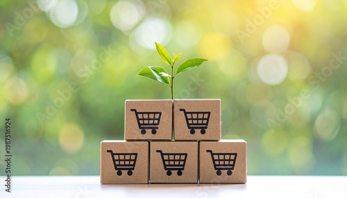 Cardboard box pyramid with sprout symbolizing sustainable shopping