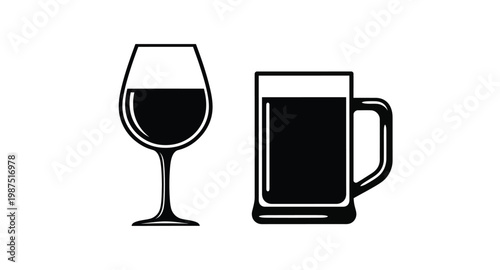 Black silhouettes of wine glass and beer mug on transparent background