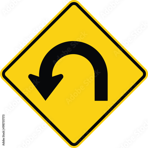 Hairpin Curve Left Yellow Diamond Road Sign Vector Illustration
