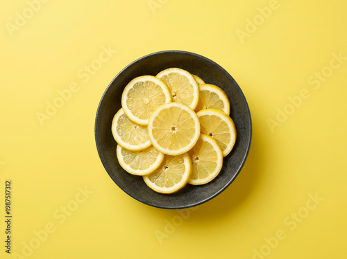 Top view of fresh sliced lemon rings in a dark bowl on a yellow background