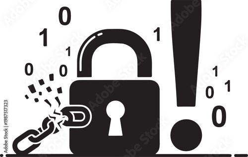 Cyber security, data protection, lock icon, binary code, hacking prevention