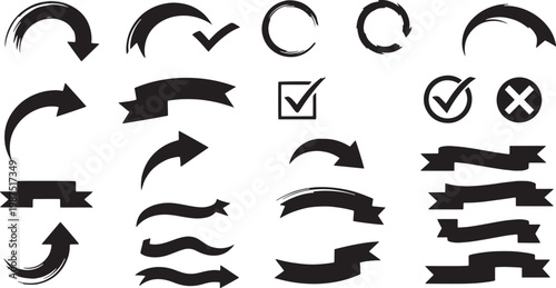 Diverse black brush stroke vector arrows ribbons graphic design elements for directional concepts