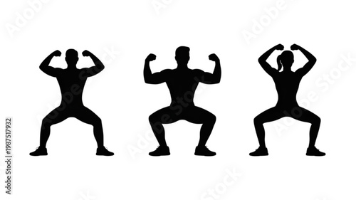 Dynamic black silhouettes of muscular male and female figures flexing biceps in a powerful squat stance, symbolizing strength and fitness.