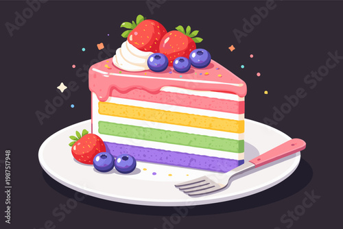 Vibrant 3D vector illustration of a delicious multilayered rainbow cake slice on a white plate, topped with fresh strawberries, blueberries, and whipped cream, served with a fork and sprinkles.