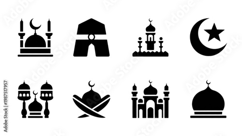 Collection of Black Solid Islamic Icons Representing Mosques, Kaaba, Crescent Moon, and Quran