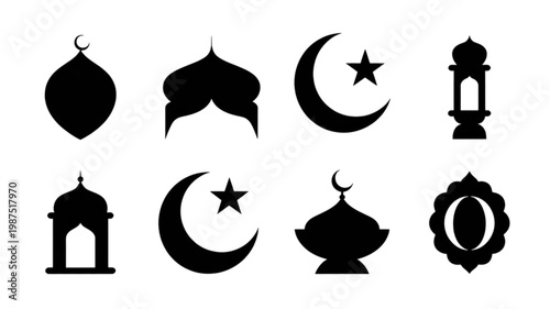 Eight distinct black silhouette Islamic symbols: mosque domes, crescent moons with stars, and traditional lanterns.