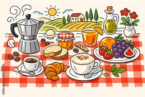 Italian Breakfast Doodle Illustration in Dolce Vita Style with Moka Pot, Cappuccino, Croissant, Fruits, and Coffee on a Red Checkered Tablecloth with a Tuscan Landscape Farmhouse Background