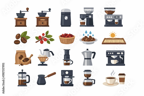 Coffee Grinding Tools and Brewing Equipment Icon Set with Manual and Electric Grinders, Espresso Machines, Coffee Beans, Harvesting Processes, Moka Pot, French Press, Aeropress, and Coffee Cups