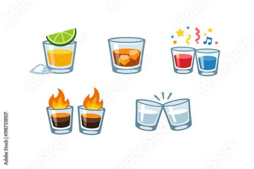 Set of shot glass icons featuring tequila with lime and salt, whiskey on the rocks, colorful party drinks with confetti, flaming shots, and clinking glasses for cheers. Flat vector illustration.