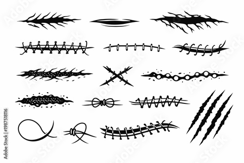 Set of Stylized Monochrome Linear Vector Elements Depicting Various Skin Lacerations, Surgical Stitches, Sutures, Scars, and Claw Marks for Medical Illustration, Horror Design, or Halloween Makeup