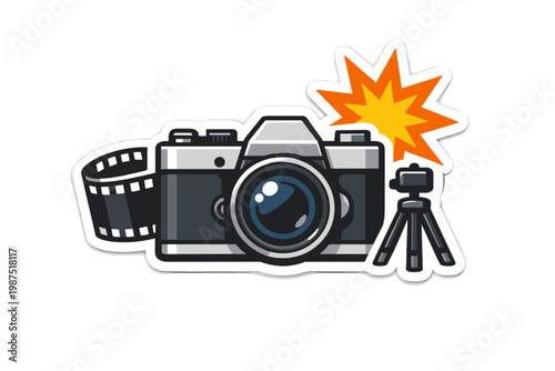 Classic analog SLR camera sticker with film strip, tripod, and flash burst icon. Vintage photography equipment vector illustration for hobbyists, creative design, and retro aesthetic projects.