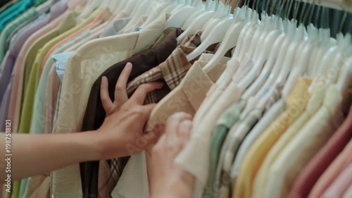 Asian woman shopping cloth at local market.