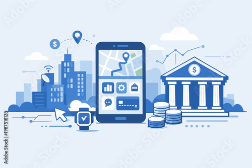 Flat vector illustration of digital banking and mobile technology featuring a smartphone with navigation and finance apps, a bank building, coins, a smartwatch, and a modern city skyline.